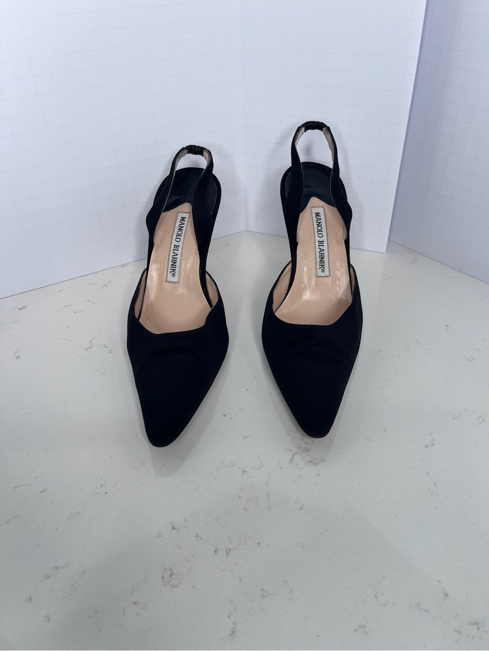 Manolo Blahnik Carolyne 70 Black Satin Pointed Slingback Pumps Size 37
